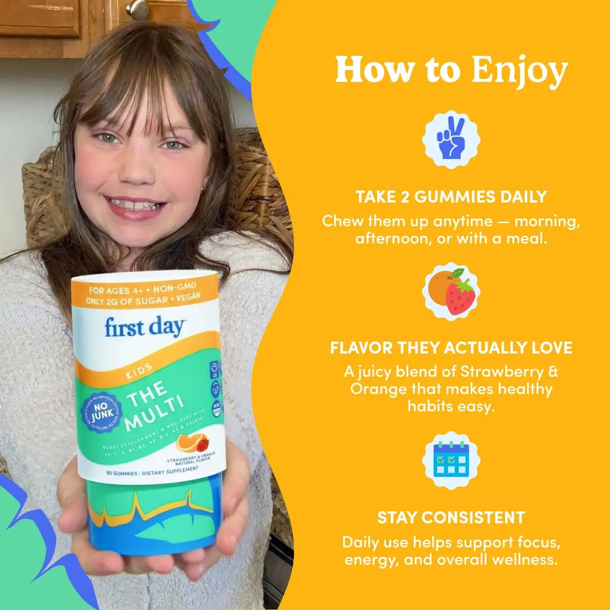 First Day Kids Multivitamin Gummies Age 4+, Strawberry & Orange - Kids Vitamins Multivitamin Gummy A C D3 K2 B1 B2 B6 B12 Folate, Immunity & Brain Function FIRST DAYBuy Supplements Australia