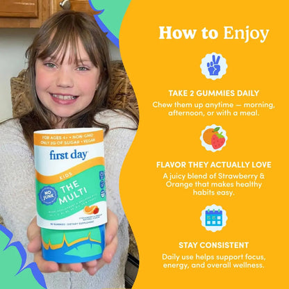 First Day Kids Multivitamin Gummies Age 4+, Strawberry & Orange - Kids Vitamins Multivitamin Gummy A C D3 K2 B1 B2 B6 B12 Folate, Immunity & Brain Function FIRST DAYBuy Supplements Australia