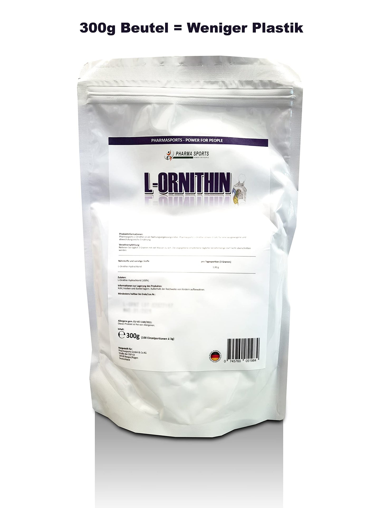 L-Ornithine Powder 300 g - Premium Quality | Premium quality, vegetable fermentation, quantity like 600 capsules of 500 mg