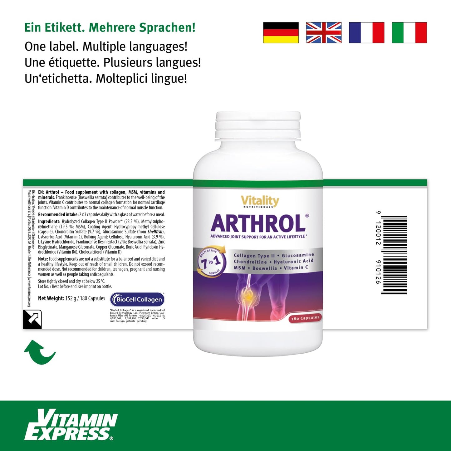 ARTHROL Joint Capsules High Dose with MSM, Collagen, Glucosamine, Hyaluronic without Additives, 180 Capsules, Joint Pain, Cartilage Building, Amino Acids I Vitality Nutritionals by VitaminExpress