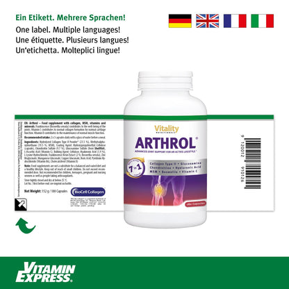 ARTHROL Joint Capsules High Dose with MSM, Collagen, Glucosamine, Hyaluronic without Additives, 180 Capsules, Joint Pain, Cartilage Building, Amino Acids I Vitality Nutritionals by VitaminExpress