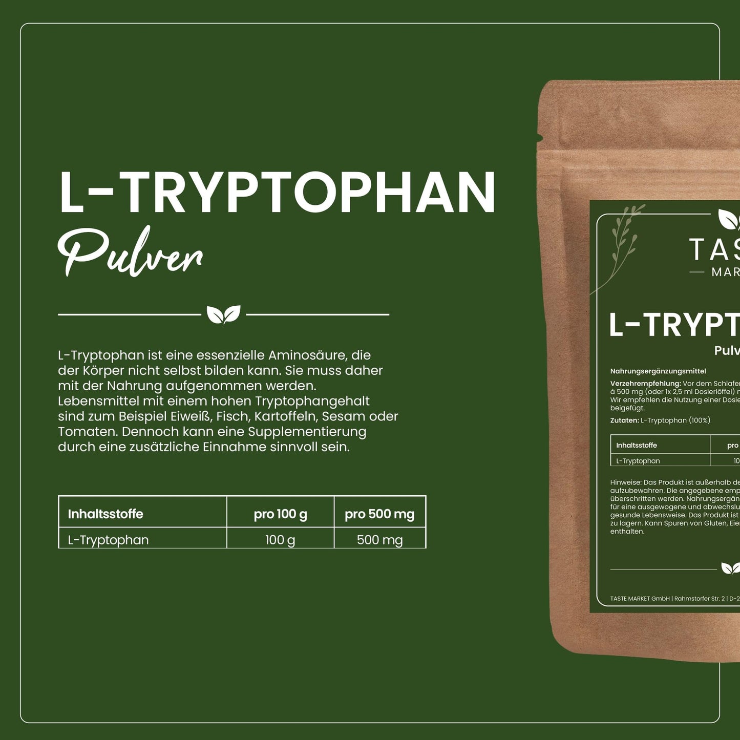 100 g L-Tryptophan 500 mg | Powder | Amino Acid | 100% Pure | Sleeping | Sports