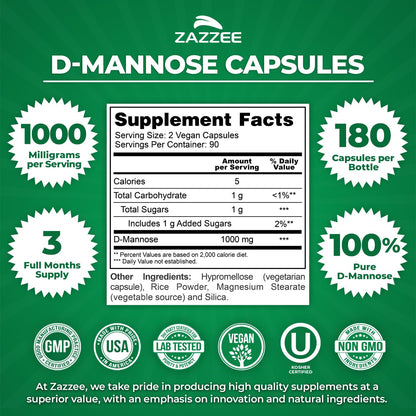 Zazzee D-Mannose, 1000 mg per Serving, 180 Vegan Capsules, 3 Month Supply, Potent & Fast-Acting, Certified Kosher, 100% Pure, All-Natural Urinary Tract Health Support