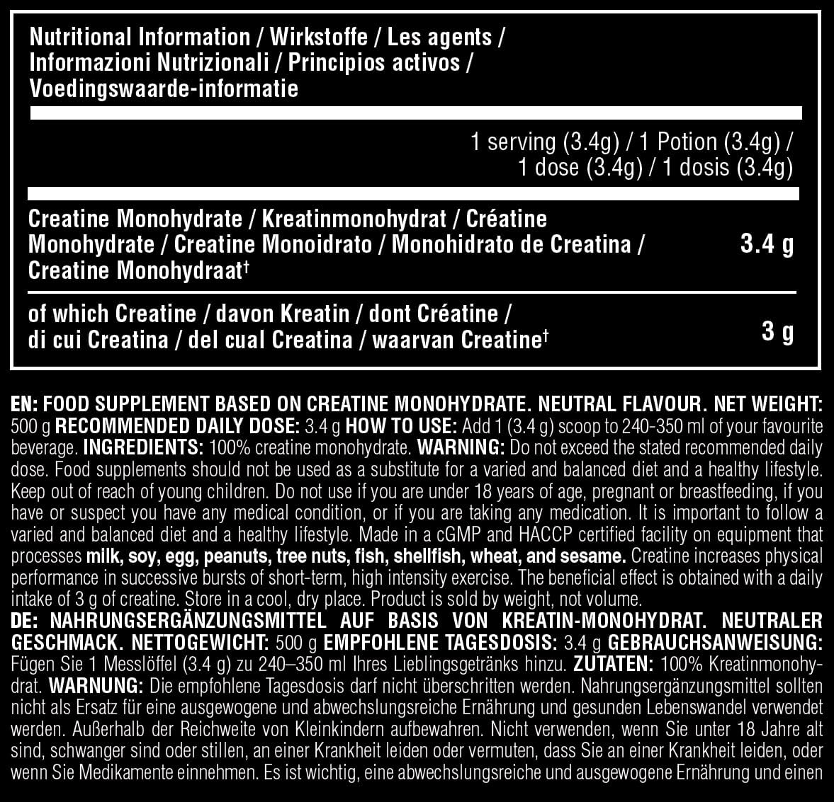 ANIMAL Pure Creatine Monohydrate Powder, 500 g | Pure micronised creatine monohydrate, 5 g creatine per serving, easily absorbable, neutral in taste