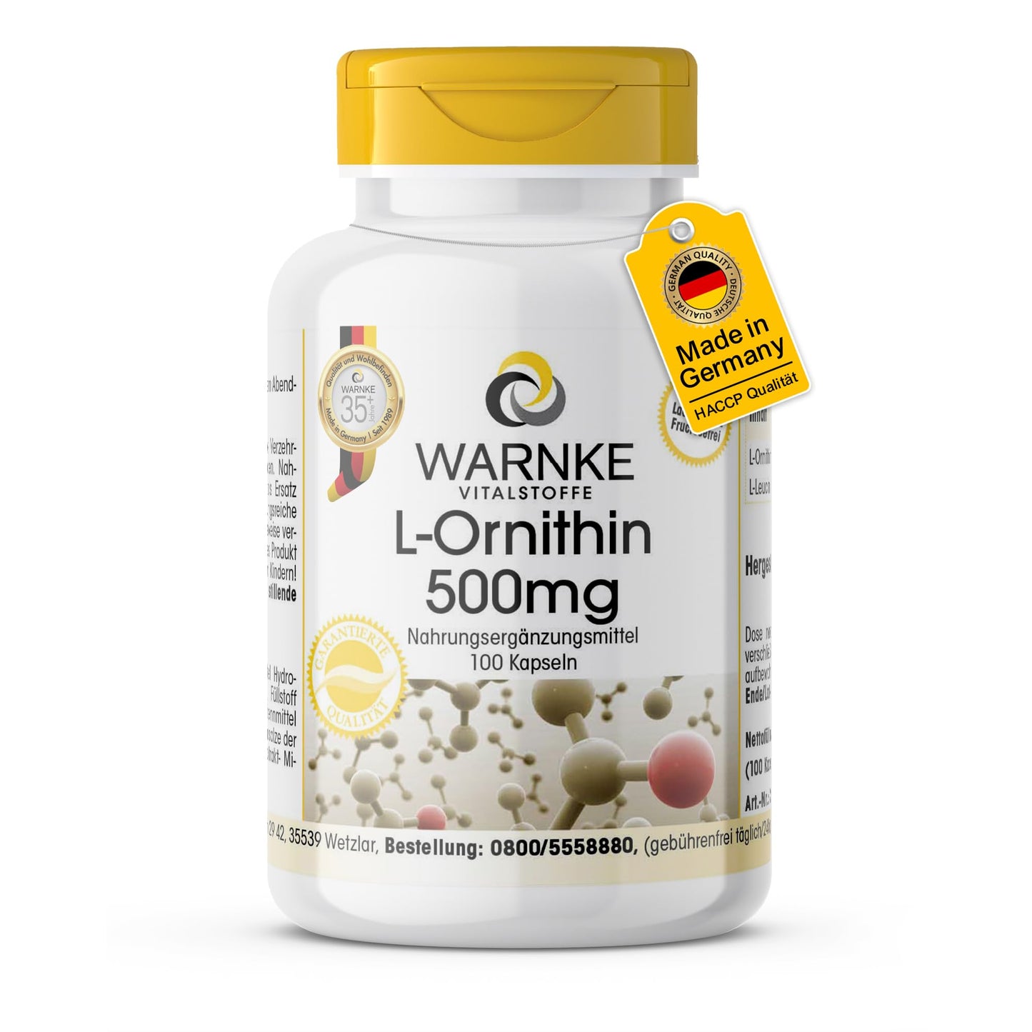 L-Ornithine Capsules, 500 mg L-Ornithine per Capsule, 100 Capsules, High Dose & Vegan, Amino Acid, Warnke Vital Substances, German Pharmacy Quality