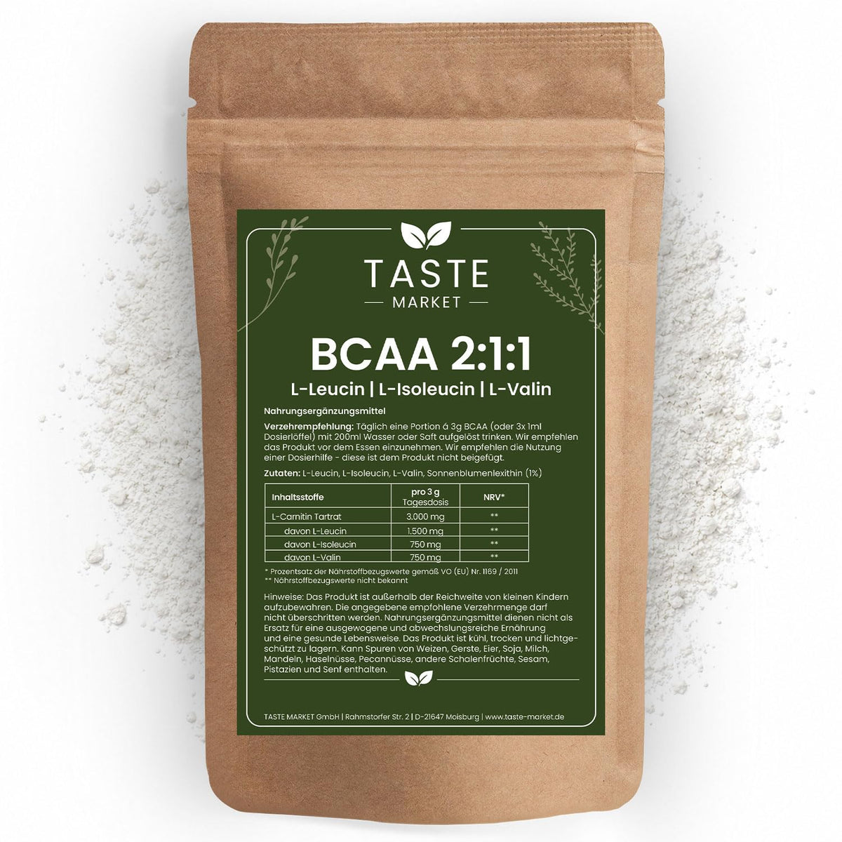 BCAA Powder 2:1:1 Pure 200 g from Vegetable Fermentation, Amino Acid, Leucine, Isoleucine, Valine, Super Solubility, Pure Powder without Additives - Vegan - Taste Market