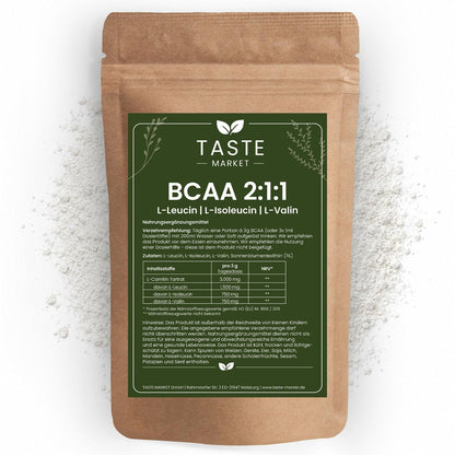 BCAA Powder 2:1:1 Pure 200 g from Vegetable Fermentation, Amino Acid, Leucine, Isoleucine, Valine, Super Solubility, Pure Powder without Additives - Vegan - Taste Market