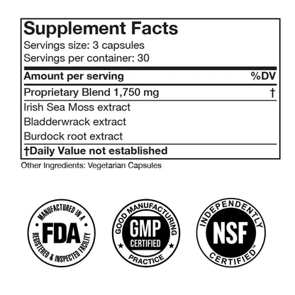 Irish Sea Moss Advanced Supplement Capsules 1500mg, Ultra Potent Seamoss Advanced with Bladderwrack & Burdock Root, Made in FDA-Registered, NSF-Certified Facility, Overall Health Support, 90 Capsules Doctor Morse'sBuy Supplements Australia