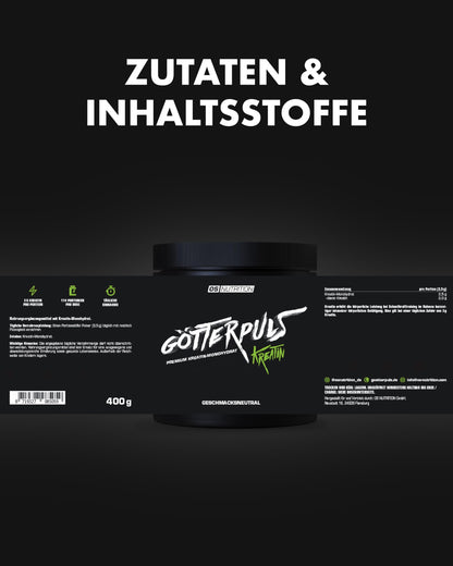 Götterpuls Creatine Monohydrate Powder, 400 g | 114 servings per can, vegan, neutral in taste and excellent solubility, no additives