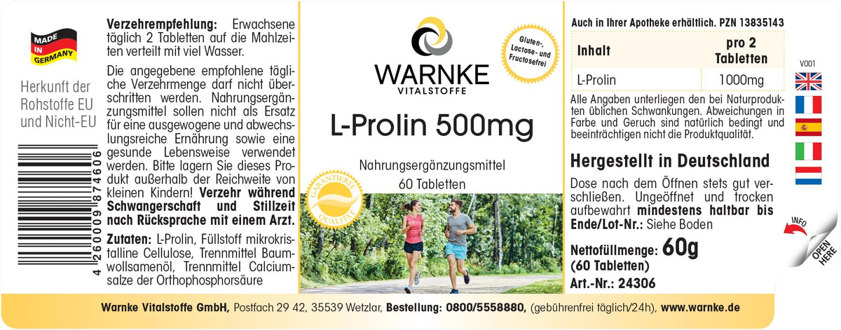 L-Proline 500 mg - Amino Acid - 60 Tablets - High Dose & Vegan | Warnke Vital Substances - German Pharmacy Quality