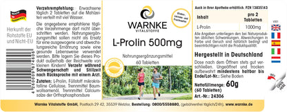 L-Proline 500 mg - Amino Acid - 60 Tablets - High Dose & Vegan | Warnke Vital Substances - German Pharmacy Quality