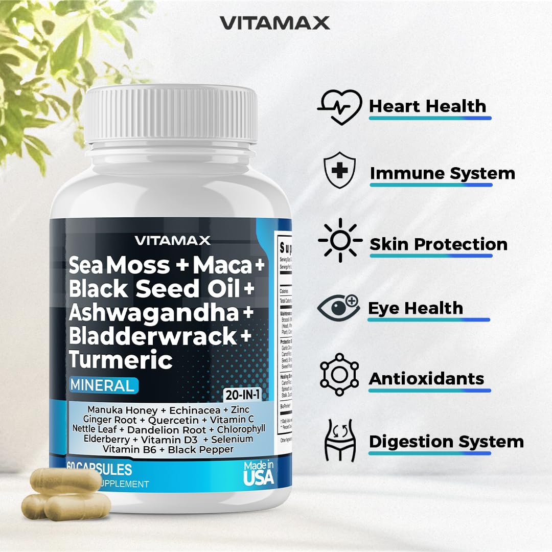 Sea Moss, Maca, Black Seed Oil, Ashwagandha, Bladderwrack, Turmeric VitamaxBuy Supplements Australia