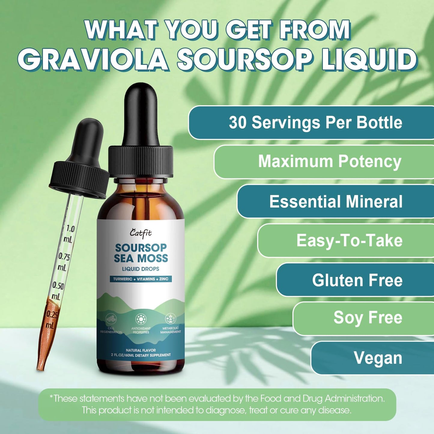 Catfit Soursop Graviola Liquid Drop – Soursop Drops for Cell Support, Antioxidant, Relaxation & Immune Boost with Sea Moss, Turmeric, Black Pepper, B6 C, Zinc, Sugar Free, Gluten Free, Vegan, 2 Fl Oz CatfitBuy Supplements Australia