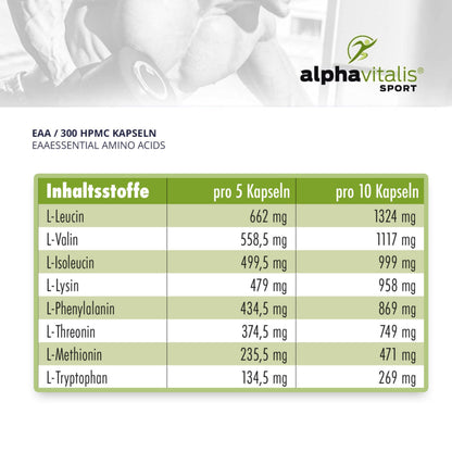 EAA Vegan Capsules - 8 Essential Amino Acids Including BCAA - Pack of 300 | MAP8 Multi Amino Pattern Code - optimally dosed, made from vegetable fermentation and without magnesium stearate