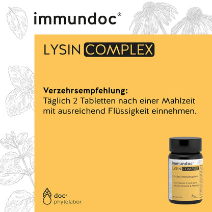 immundoc LYSIN COMPLEX, L-Lysine Tablets, Pack of 60, with 1000 mg L-Lysine per Daily Dose, with Vitamin C, Zinc and Plant Extracts, Gluten-Free and Lactose Free