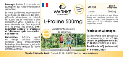 L-Proline 500 mg - Amino Acid - 60 Tablets - High Dose & Vegan | Warnke Vital Substances - German Pharmacy Quality