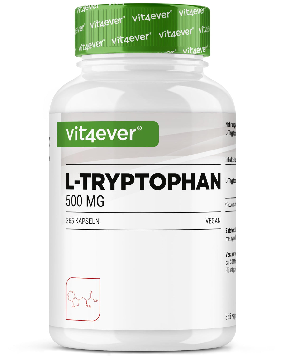 vit4ever L-Tryptophan - 365 Capsules - High Dose with 500 mg per Capsule | 12 months range - From vegetable fermentation - Without unnecessary additives - Vegan - Laboratory tested