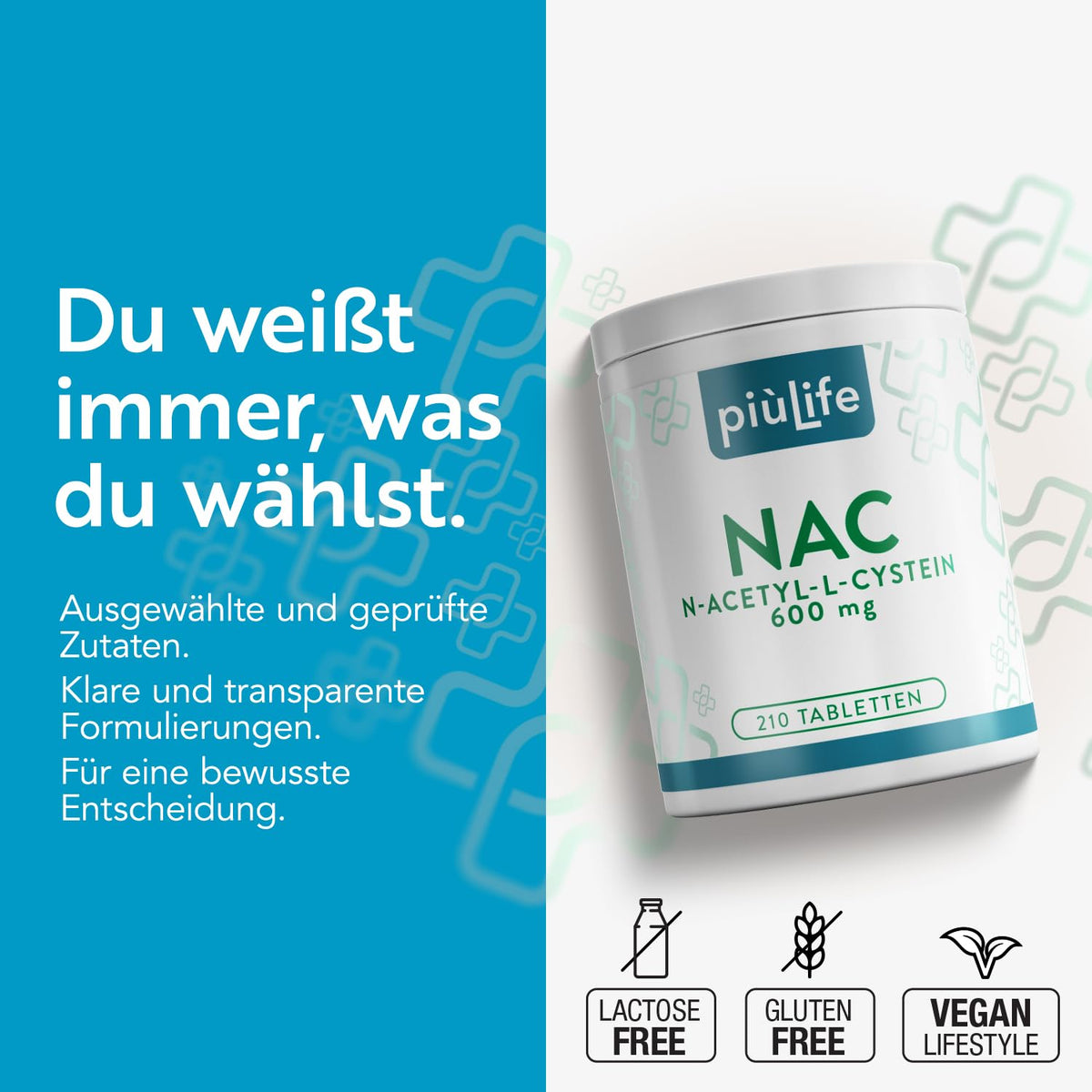 NAC 600mg N Acetyl Cysteine PiùLife - 210 Tablets | Once a day - Glutathione synthesis - Popular ingredient for your daily vitality - Gluten & Lactose Free