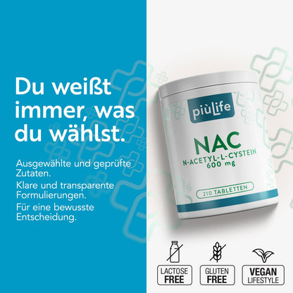 NAC 600mg N Acetyl Cysteine PiùLife - 210 Tablets | Once a day - Glutathione synthesis - Popular ingredient for your daily vitality - Gluten & Lactose Free