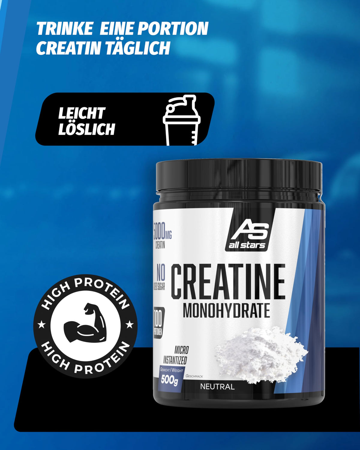 All Stars Creatine Monohydrate Powder High Dose 500 g Vegan | 100% creatine monohydrate 5000 mg per daily ration, without added sugar and artificial additives, lactose and gluten free