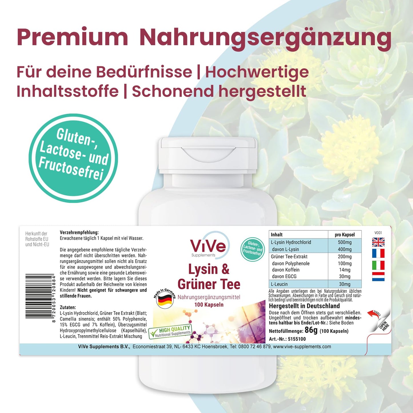 L-Lysine & Green Tea Extract - 100 Vegan Capsules, 400 mg / 200 mg, Polyphenols and EGCG, Large Pack for 100 Days, Quality from Germany ViVe Supplements