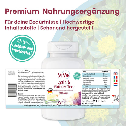 L-Lysine & Green Tea Extract - 100 Vegan Capsules, 400 mg / 200 mg, Polyphenols and EGCG, Large Pack for 100 Days, Quality from Germany ViVe Supplements