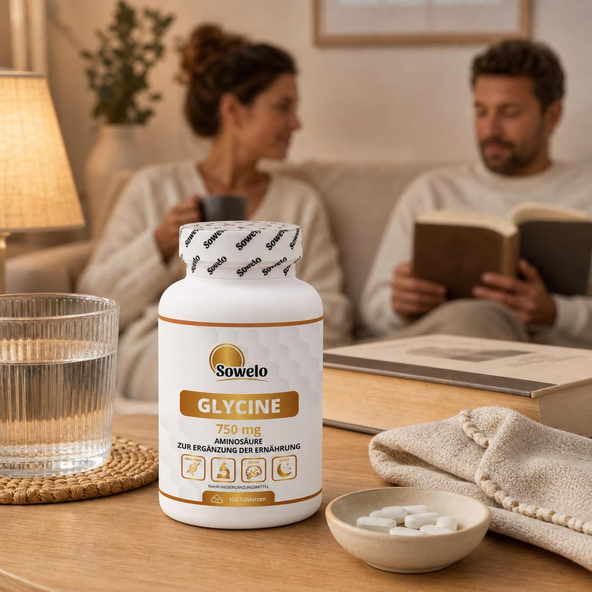 Glycine 750 mg per tablet - 120 tablets - focus & well-being | Pure Amino Acid for Night Recovery - No Additives, High Purity - Sowelo (2-Pack)