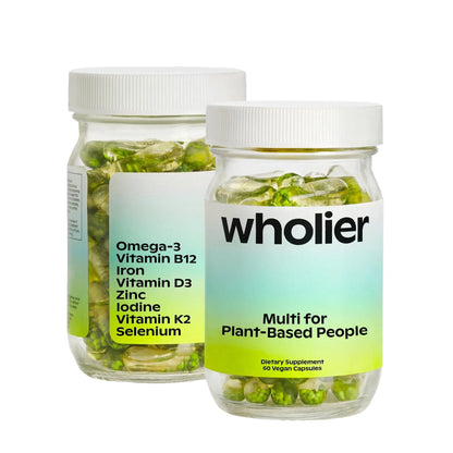 wholier Plant Based Multivitamin Vegan Omega-3 DHA EPA, Vitamin D, B12, Zinc, Vitamin K2, Iron, Iodine, Selenium wholier