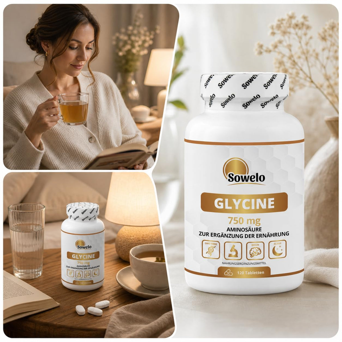 Glycine 750 mg per tablet - 120 tablets - focus & well-being | Pure Amino Acid for Night Recovery - No Additives, High Purity - Sowelo (2-Pack)