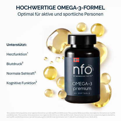 NFO OMEGA 3 PREMIUM [90 Kapseln] Hochdosiertes Fischöl mit hohen Konzentrationen an EPA & DHA in Triglyceridform mit Vitamin E Natürlicher Komplex aus Fettsäuren aus Wildfisch, Hergestellt in Finnland