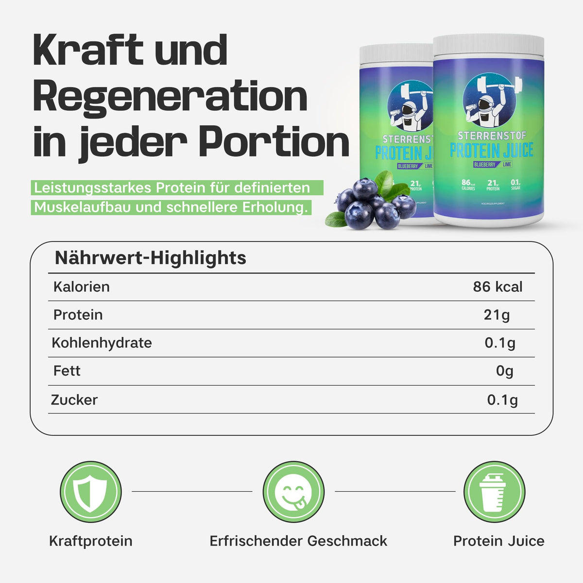 Sterrenstof Protein Juice Blueberry Lime Flavour Clear Whey Protein Drink - 21g Protein Per Serving - Only 86kcal Low Sugar Refreshing Protein Lemonade - 500g - 20 Servings Protein Powder