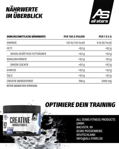 All Stars Creatine Monohydrate Powder High Dose 250 g Vegan | 100% creatine monohydrate 5000 mg per daily ration, without added sugar and artificial additives, lactose and gluten free