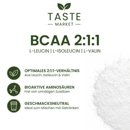 BCAA Powder 2:1:1 Pure 200 g from Vegetable Fermentation, Amino Acid, Leucine, Isoleucine, Valine, Super Solubility, Pure Powder without Additives - Vegan - Taste Market