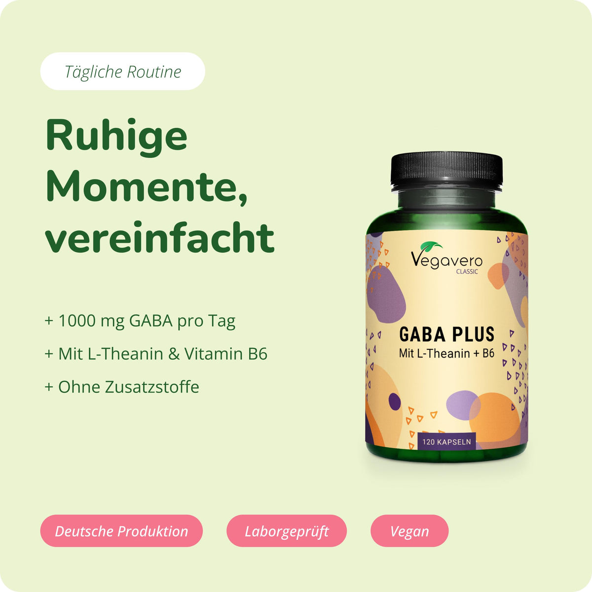 Vegavero Gaba Capsules High Dose 120 Pieces - 1000 mg Gaba with L-Theanine from Green Tea Extract & Vitamin B6 - Gamma Aminobutyric Acid Vegan - No Additives