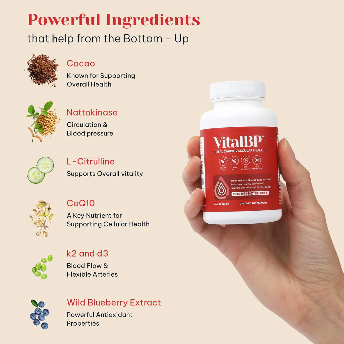 Vital BP - Support for Normal Blood Pressure - Supports Blood Flow & Arteries - with CoQ10, L-Citrulline, and K2 & D3-60 Capsules
