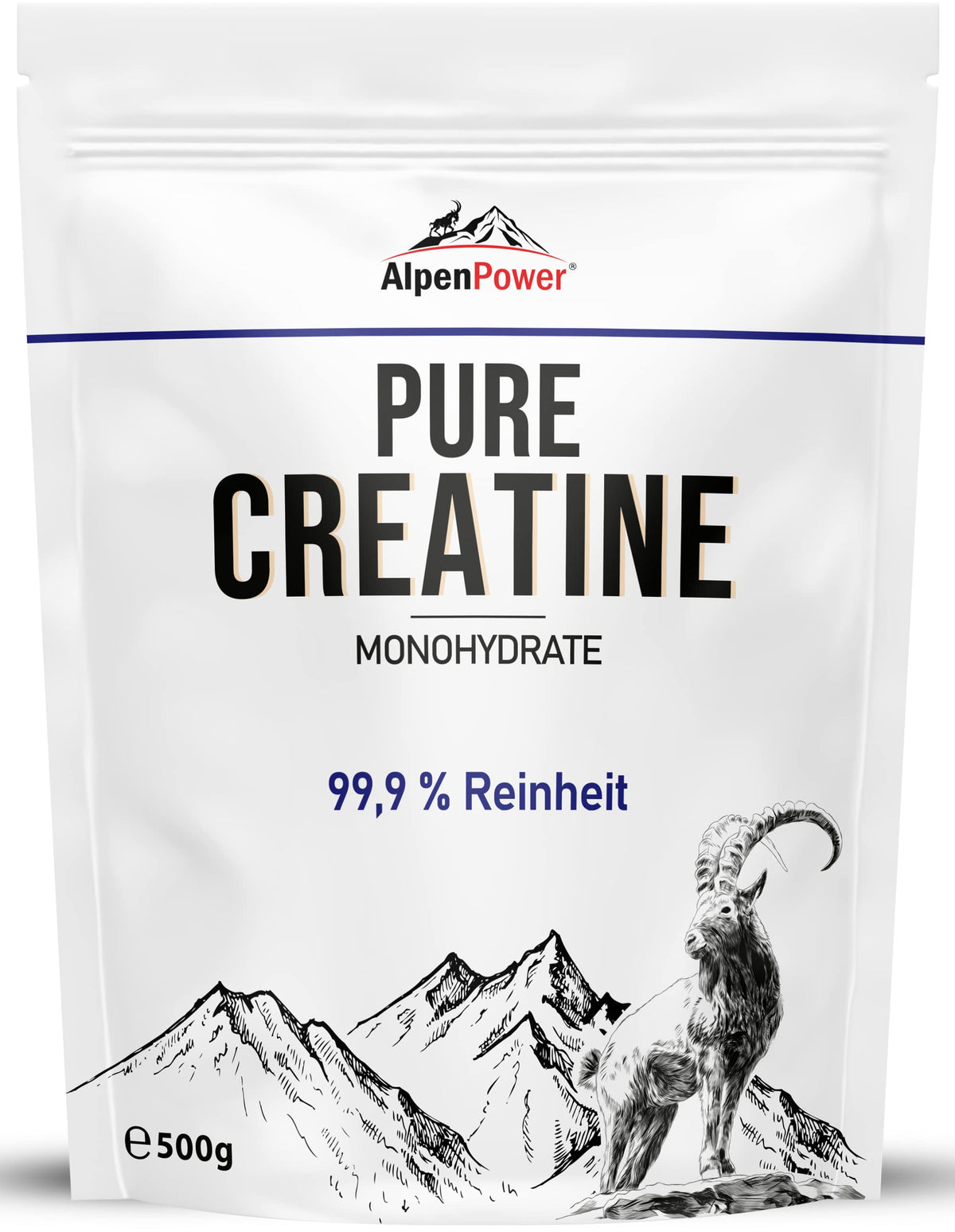 AlpenPower Creatine Monohydrate Powder 500 g - Pure Creatine Monohydrate without Additives - Tested Quality, 100% Vegan - Excellent Solubility, Particularly Fine Powder