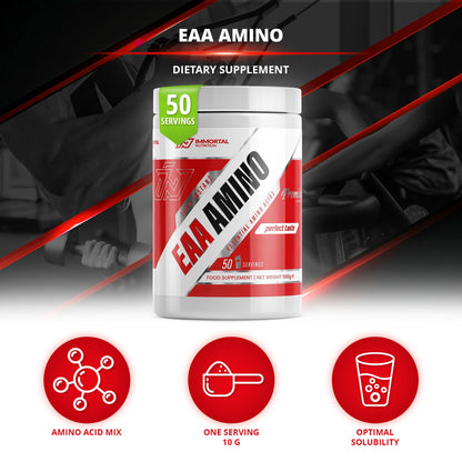 Immortal Nutrition EAA Amino Powder 500 g - Essential Amino Acids Complex with 9 EAAs Including BCAAs - 10 g per Serving - 50 Servings - Instant Drink - Strawberry Flavour