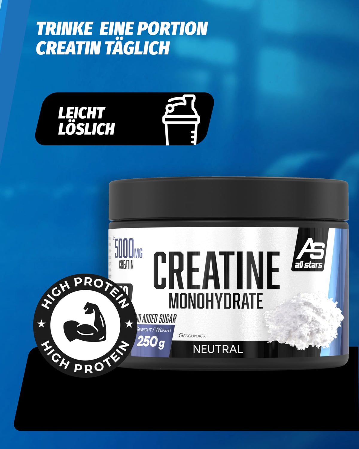 All Stars Creatine Monohydrate Powder High Dose 250 g Vegan | 100% creatine monohydrate 5000 mg per daily ration, without added sugar and artificial additives, lactose and gluten free