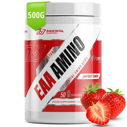 Immortal Nutrition EAA Amino Powder 500 g - Essential Amino Acids Complex with 9 EAAs Including BCAAs - 10 g per Serving - 50 Servings - Instant Drink - Strawberry Flavour