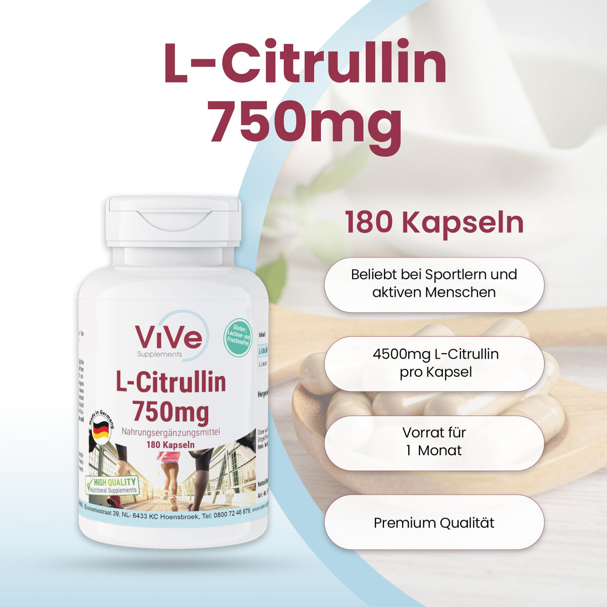 L-Citrulline 750 mg - 180 Capsules for 1 Month - Amino Acid - High Dose and Vegan | Quality from Germany ViVe Supplements