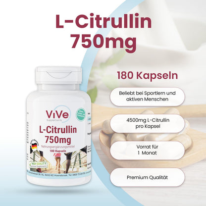 L-Citrulline 750 mg - 180 Capsules for 1 Month - Amino Acid - High Dose and Vegan | Quality from Germany ViVe Supplements