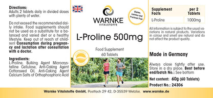 L-Proline 500 mg - Amino Acid - 60 Tablets - High Dose & Vegan | Warnke Vital Substances - German Pharmacy Quality