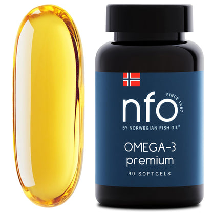 NFO OMEGA 3 PREMIUM [90 Kapseln] Hochdosiertes Fischöl mit hohen Konzentrationen an EPA & DHA in Triglyceridform mit Vitamin E Natürlicher Komplex aus Fettsäuren aus Wildfisch, Hergestellt in Finnland