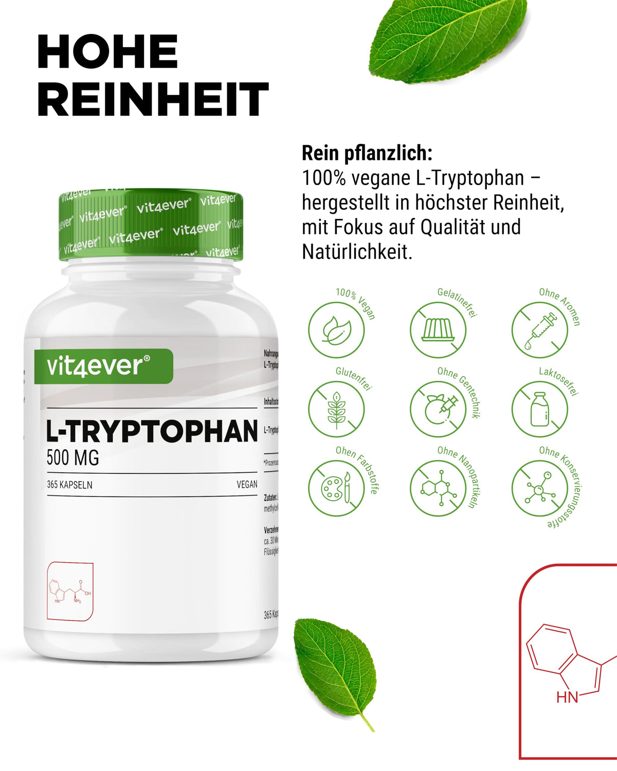 vit4ever L-Tryptophan - 365 Capsules - High Dose with 500 mg per Capsule | 12 months range - From vegetable fermentation - Without unnecessary additives - Vegan - Laboratory tested