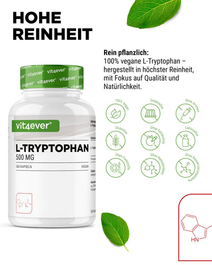 vit4ever L-Tryptophan - 365 Capsules - High Dose with 500 mg per Capsule | 12 months range - From vegetable fermentation - Without unnecessary additives - Vegan - Laboratory tested