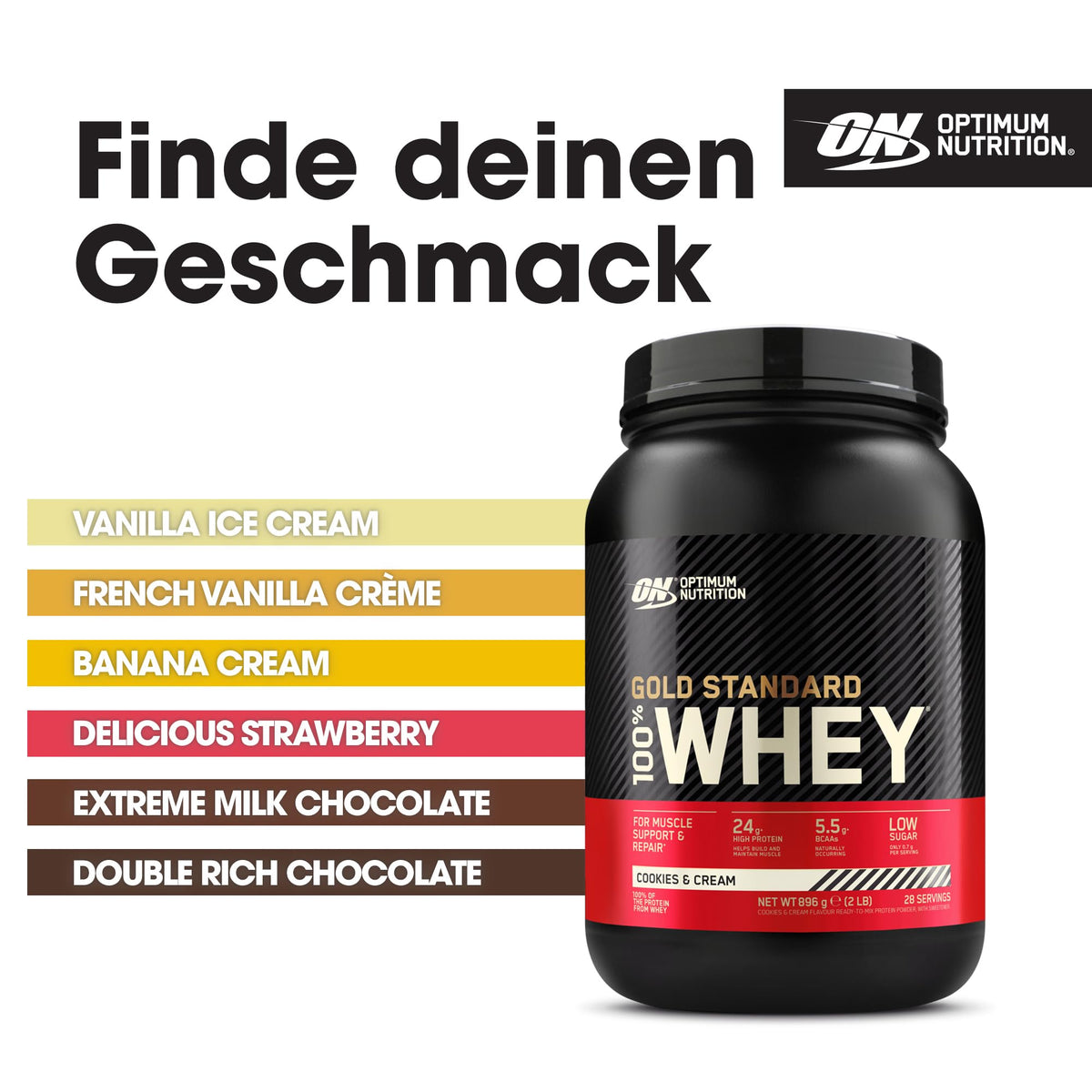 Optimum Nutrition Gold Standard Whey Protein Powder Muscle Building Supplements With Glutamine and Amino Acids, Cookies and Cream, 29 Servings, 900g