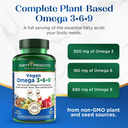 Purity Products Omega 3-6-9 Vegan and Vegetarian Formula - “5 in 1” Essential Fatty Acid Complex - Scientifically Formulated Plant-Based Omega 3 6 9