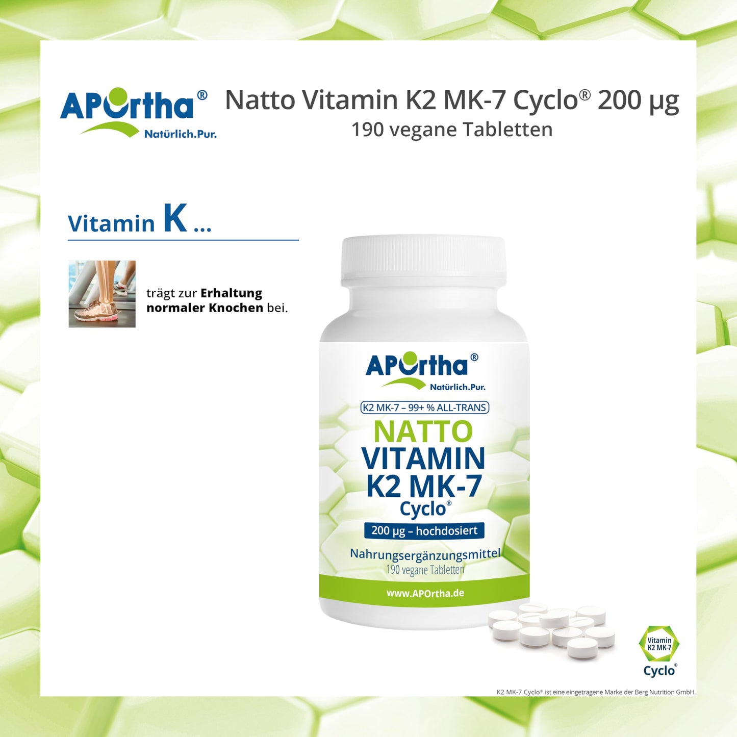 Aportha Natto Vitamin K2 – Menaq Uinon Mk7 200 mcg Hochdosiert – 190 Vegan Tablets – 95 +% All Trans Menaq Uinon 7 | High dose, vegan, high-quality Natto K2 vitamin easy to swallow, dietary supplement Vit K2, vitamin K 2