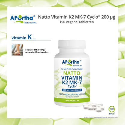 Aportha Natto Vitamin K2 – Menaq Uinon Mk7 200 mcg Hochdosiert – 190 Vegan Tablets – 95 +% All Trans Menaq Uinon 7 | High dose, vegan, high-quality Natto K2 vitamin easy to swallow, dietary supplement Vit K2, vitamin K 2