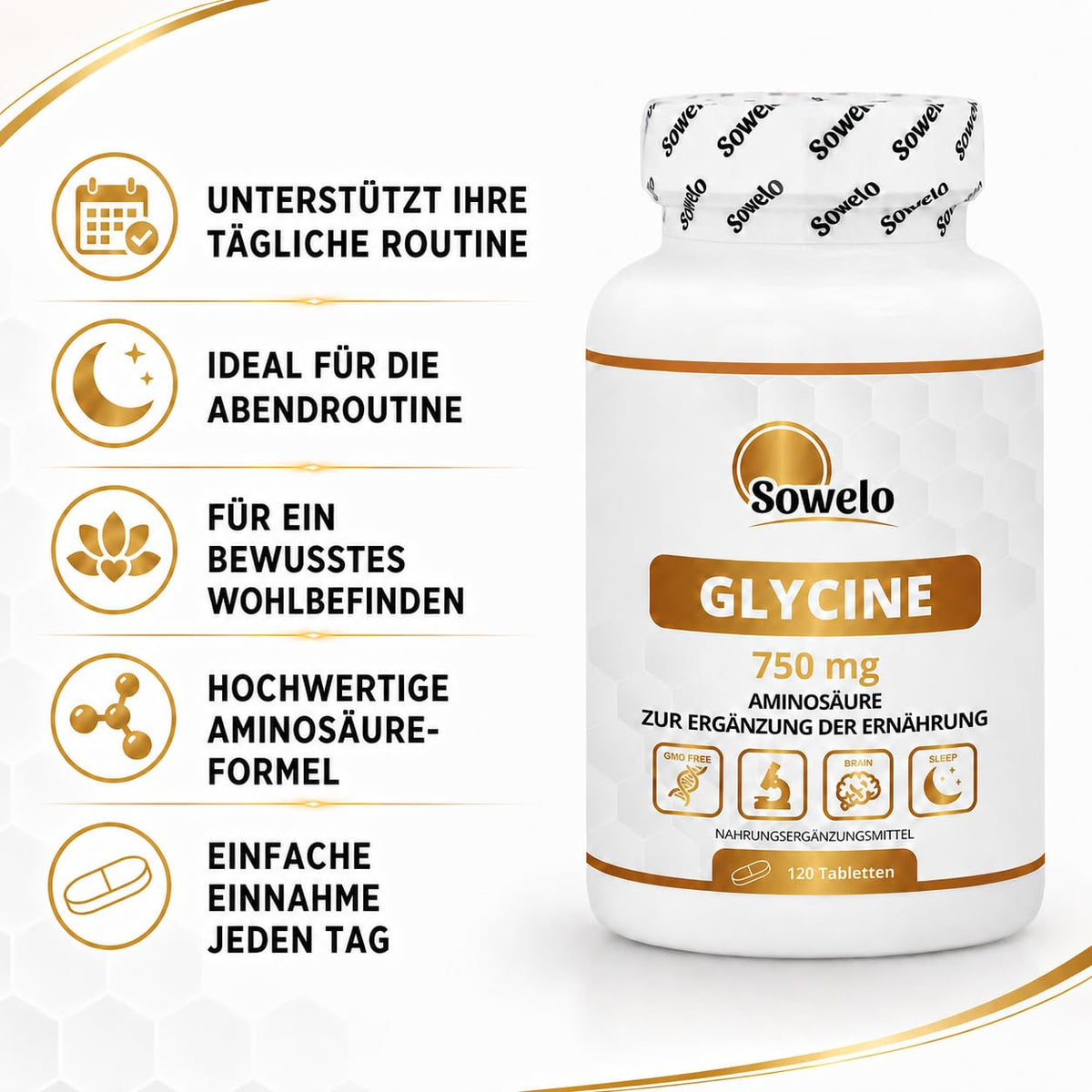 Glycine 750 mg per tablet - 120 tablets - focus & well-being | Pure Amino Acid for Night Recovery - No Additives, High Purity - Sowelo (2-Pack)